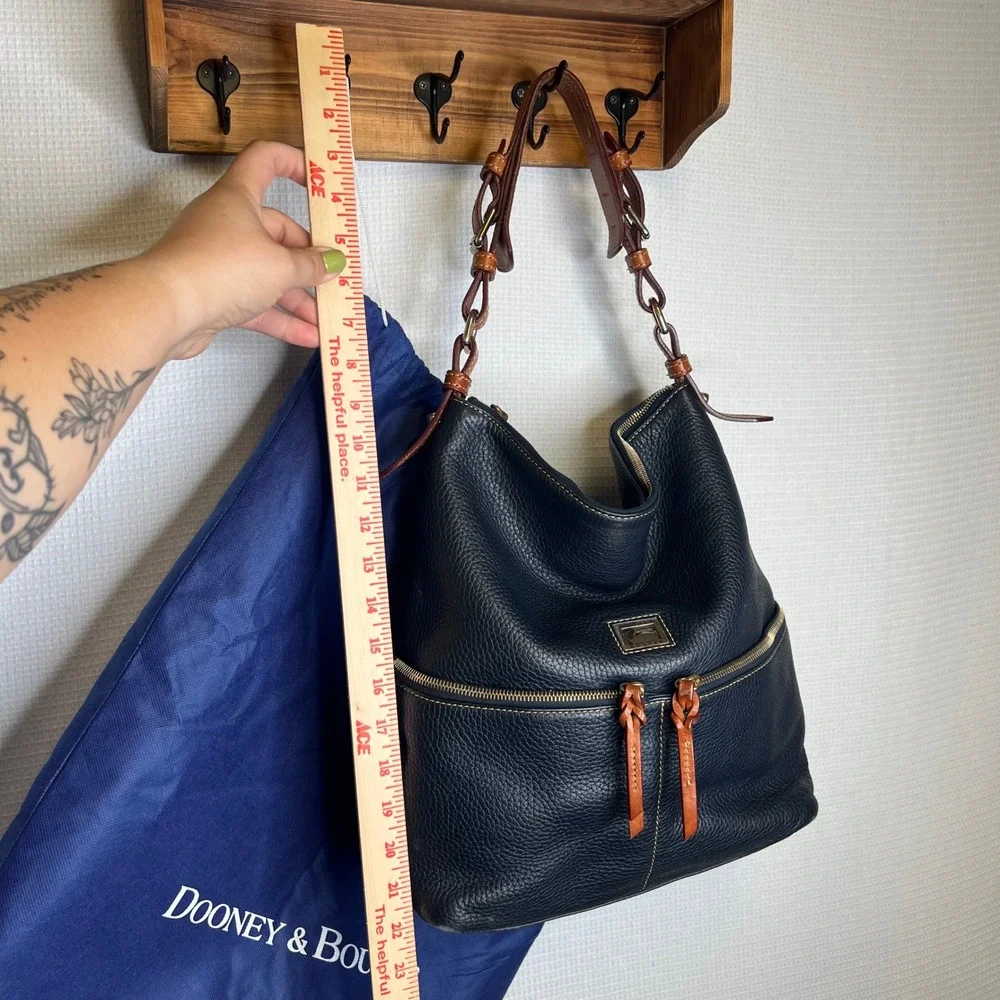 Dooney & Bourke Navy Blue Pebbled Leather Hobo Bag Tan Trim Braided Strap